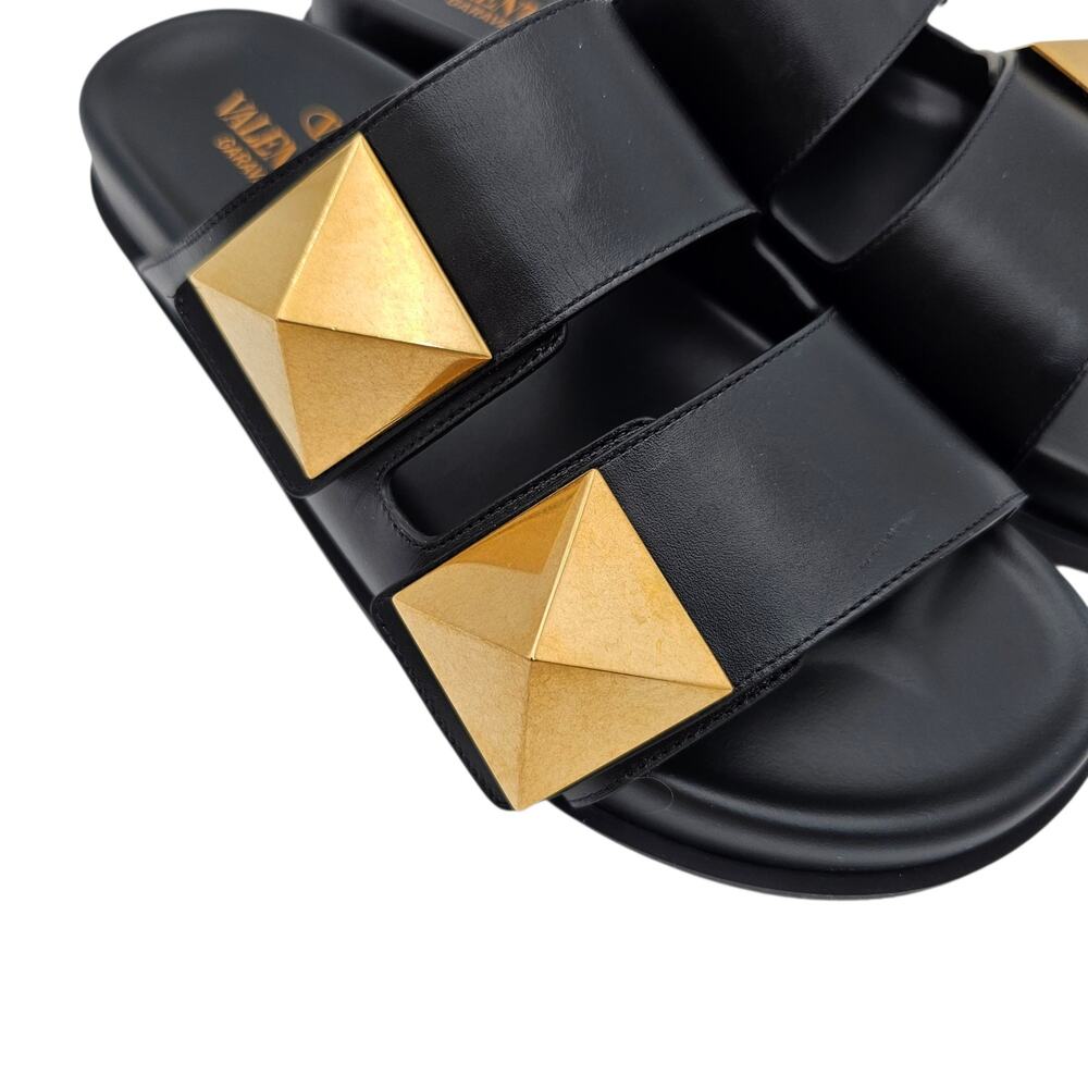 Valentino Garavani One Stud Flat Slide Sandal Black Leather Size 37.5 US 7.5 - Picture 5 of 10
